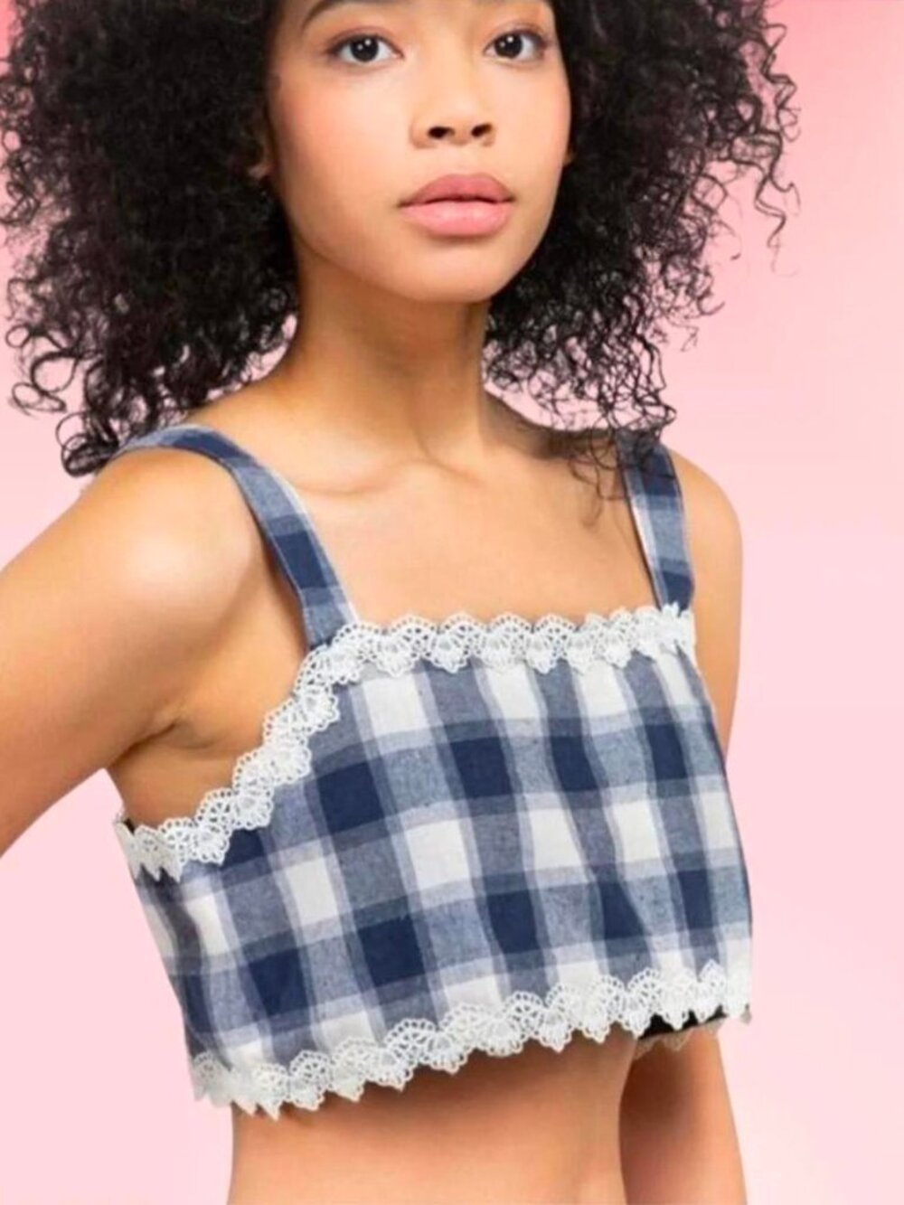 NWOT POL Women's Blue/White Plaid w/Lace Trim & Cut Out Back Crop Top sz S